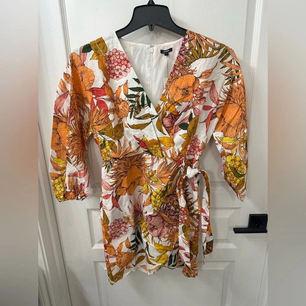 EXPRESS - Floral Linen-Blend V-Neck Tie Wrap Mini Sheath Dress - NWT SMALL - Picture 5 of 6